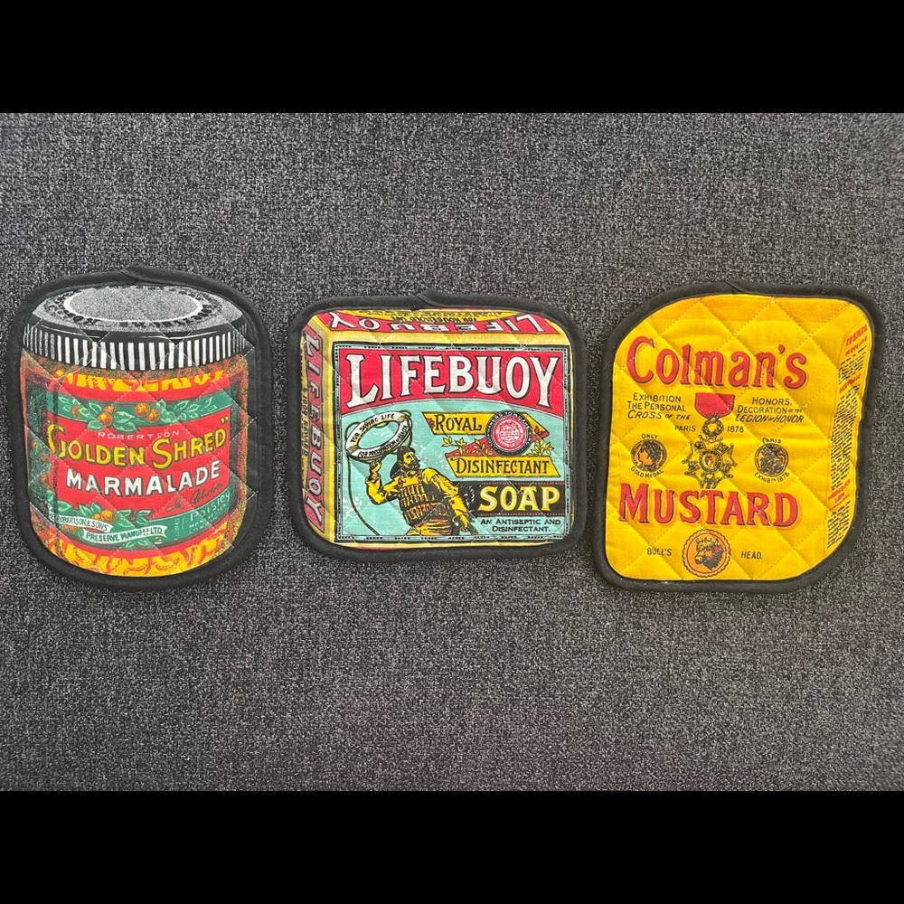 •Vintage Hot Pads Kitschy Advertising Trio•